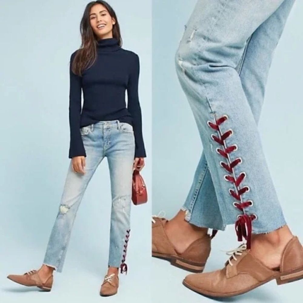 Anthropologie Pilcro Red Velvet-Laced Hem Mid-Rise Slim Straight Jeans size 28